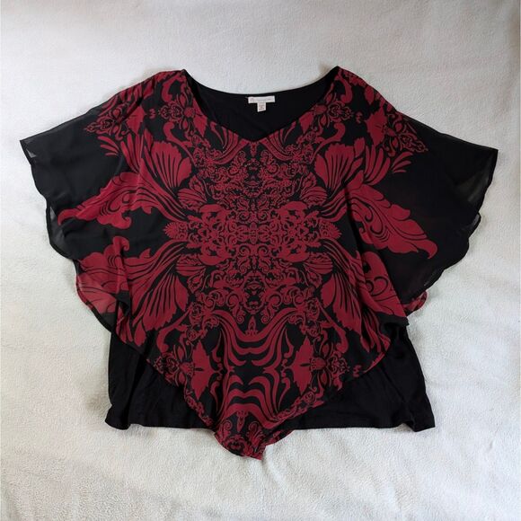 Floral Patterned Poncho Blouse Women's 2XL Red Black Mesh Flutter Sleeve - Picture 2 of 8